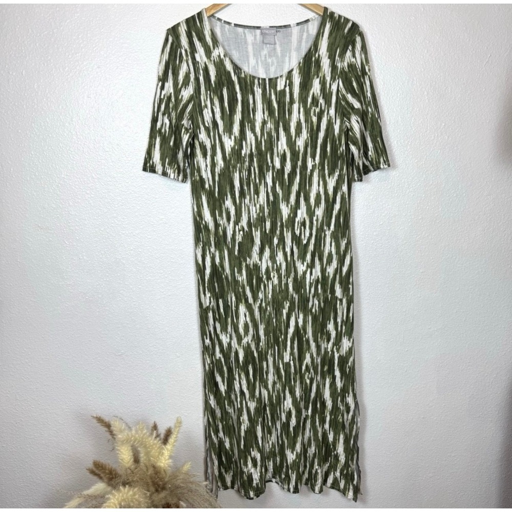 Chicos Ikat Midi Dress Women's 8 / 10 (1) Side Slit Green White Soft Rayon Blend